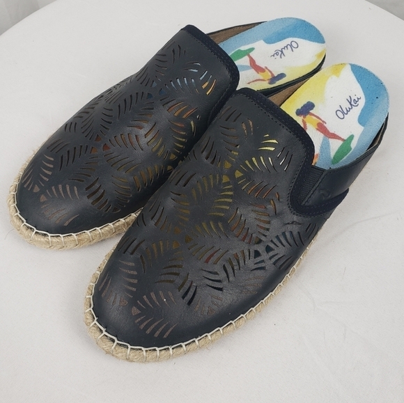 OluKai Shoes - Olukai Kaula Olu lli Black Leather Espadrille Mules Sz 10